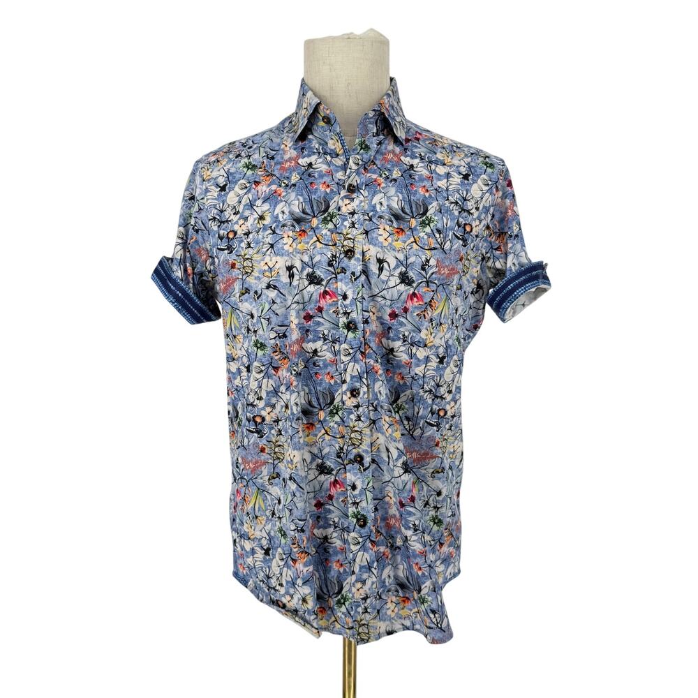 Robert Graham Button Front Short Sleeve Shirt Blue Tropical Floral Crane Print M